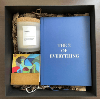 A hamper containing candles, coaster and journal