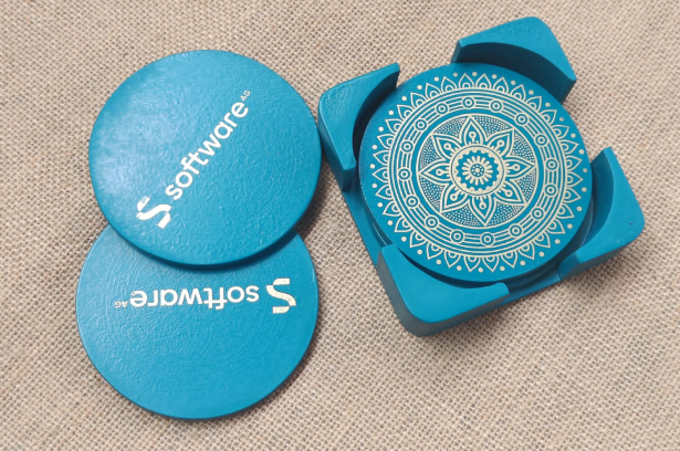 image shows blue wooden coasters